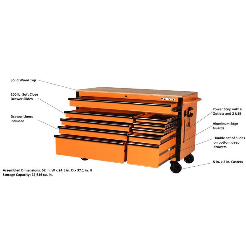 Banco de trabajo móvil de 10 cajones de servicio estándar de 52 pulgadas de ancho x 24.5 pulgadas de profundidad con parte superior de trabajo de madera sólida en color naranja brillante - H52MWC10ORG