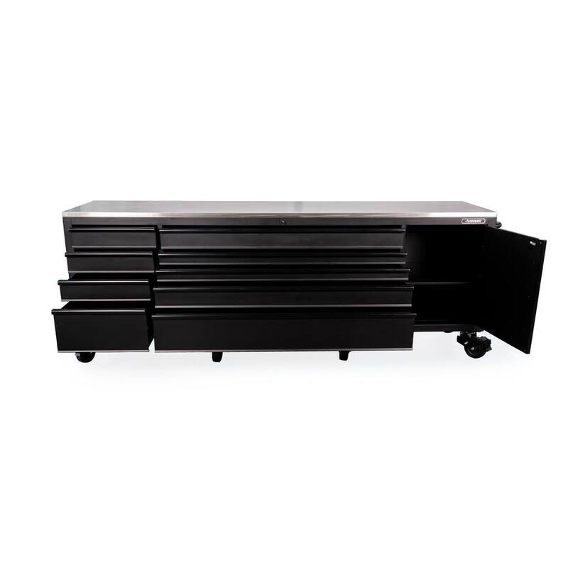 Banco de trabajo móvil resistente de 9 cajones de 108 pulgadas de ancho x 24 pulgadas de profundidad con encimera de acero inoxidable en negro mate - HOTCA809BB1M.