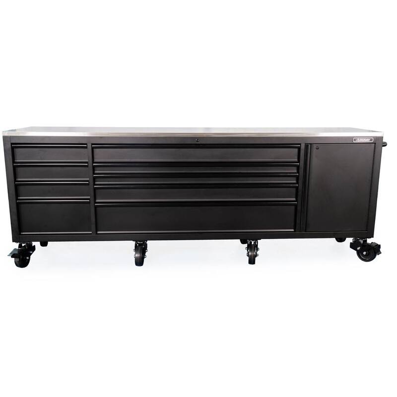 Banco de trabajo móvil resistente de 9 cajones de 108 pulgadas de ancho x 24 pulgadas de profundidad con encimera de acero inoxidable en negro mate - HOTCA809BB1M.