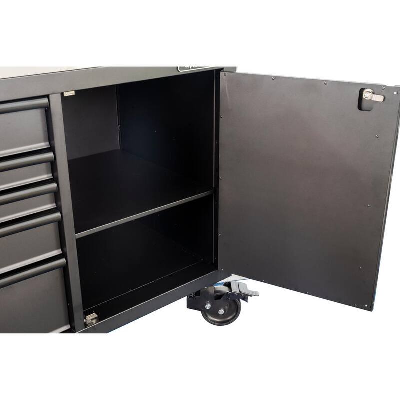 Banco de trabajo móvil resistente de 9 cajones de 108 pulgadas de ancho x 24 pulgadas de profundidad con encimera de acero inoxidable en negro mate - HOTCA809BB1M.