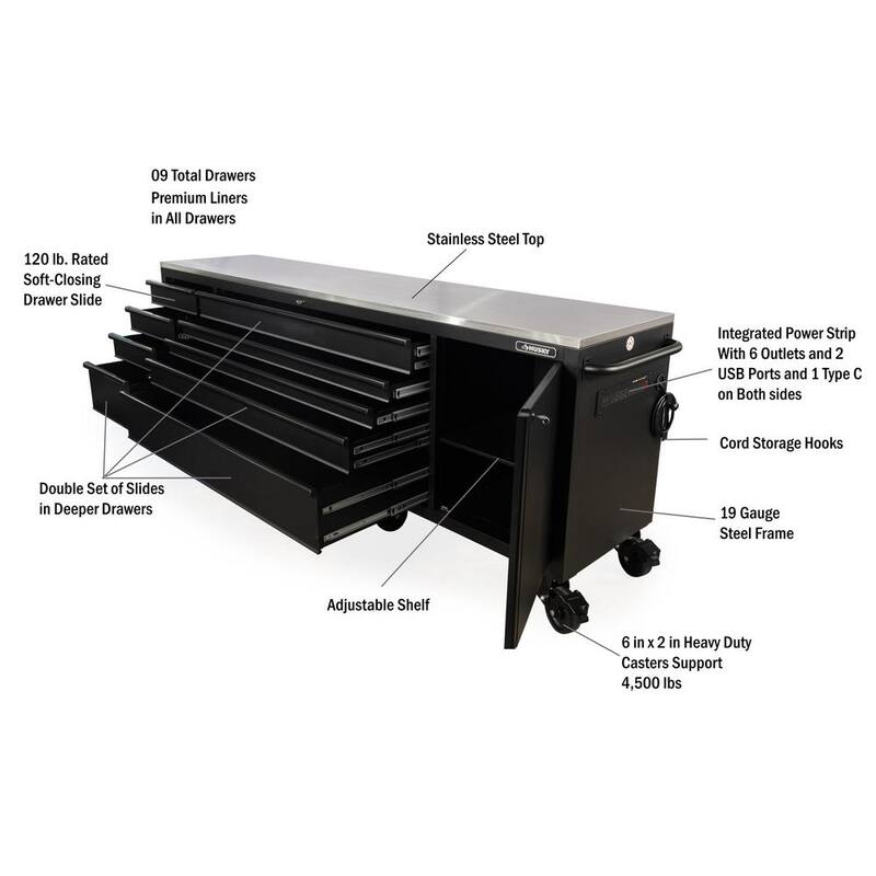 Banco de trabajo móvil resistente de 9 cajones de 108 pulgadas de ancho x 24 pulgadas de profundidad con encimera de acero inoxidable en negro mate - HOTCA809BB1M.
