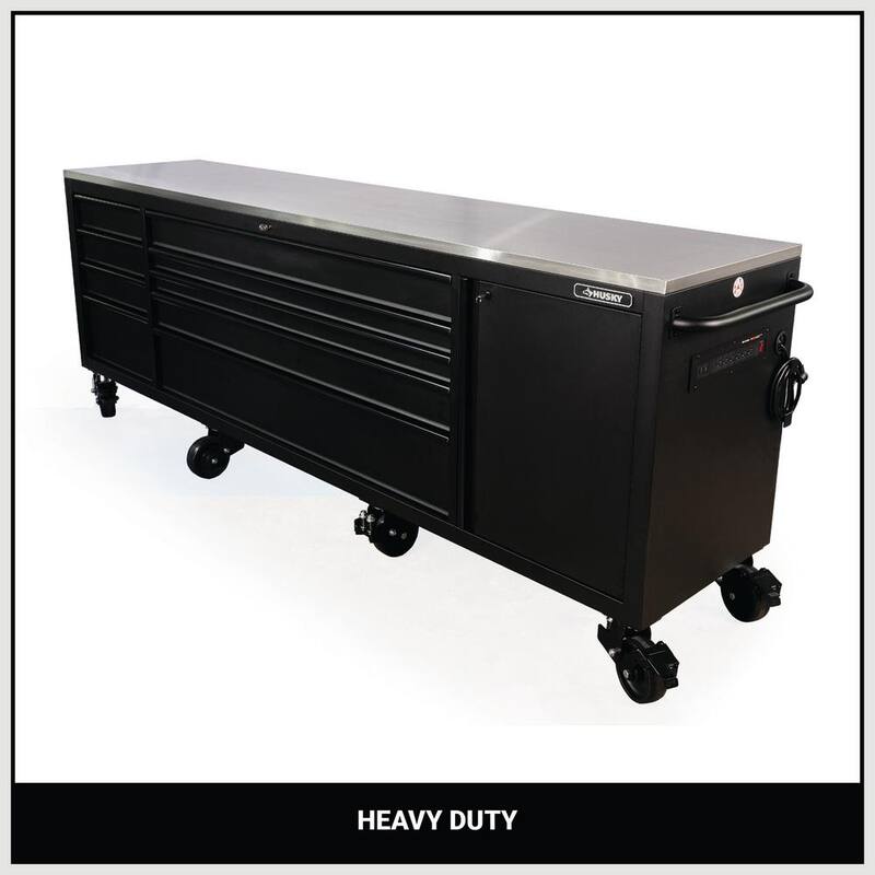 Banco de trabajo móvil resistente de 9 cajones de 108 pulgadas de ancho x 24 pulgadas de profundidad con encimera de acero inoxidable en negro mate - HOTCA809BB1M.