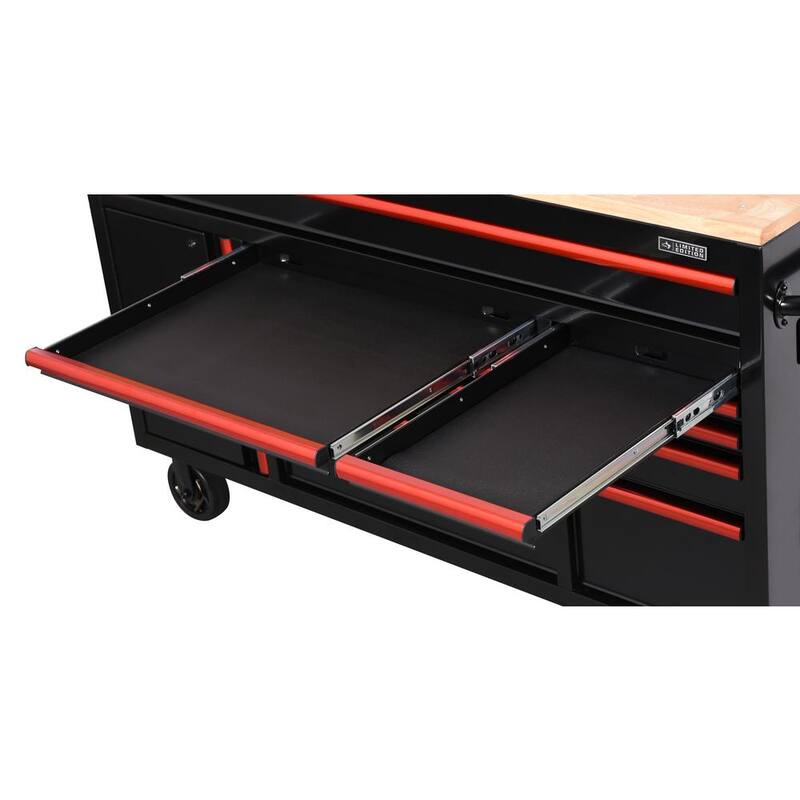 Edición limitada de Husky 61 pulg. de ancho x 23 pulg. de profundidad 11 cajones Gabinete de banco de trabajo móvil en negro con parte superior de madera sólida y ribete rojo - H61MWC11BKRED