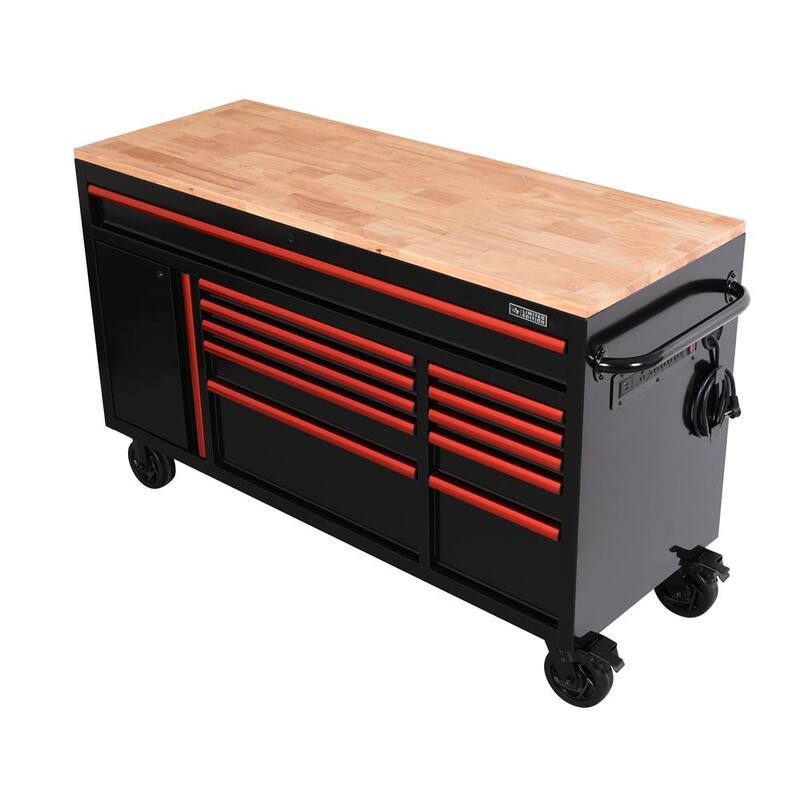 Edición limitada de Husky 61 pulg. de ancho x 23 pulg. de profundidad 11 cajones Gabinete de banco de trabajo móvil en negro con parte superior de madera sólida y ribete rojo - H61MWC11BKRED