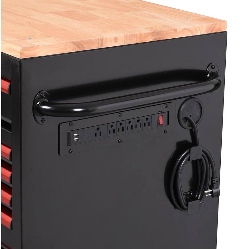 Edición limitada de Husky 61 pulg. de ancho x 23 pulg. de profundidad 11 cajones Gabinete de banco de trabajo móvil en negro con parte superior de madera sólida y ribete rojo - H61MWC11BKRED