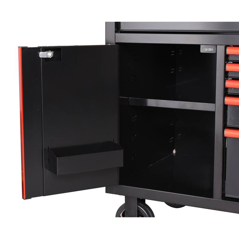 Edición limitada de Husky 61 pulg. de ancho x 23 pulg. de profundidad 11 cajones Gabinete de banco de trabajo móvil en negro con parte superior de madera sólida y ribete rojo - H61MWC11BKRED