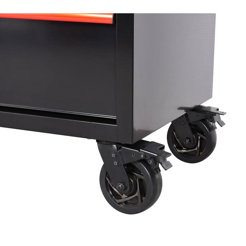 Edición limitada de Husky 61 pulg. de ancho x 23 pulg. de profundidad 11 cajones Gabinete de banco de trabajo móvil en negro con parte superior de madera sólida y ribete rojo - H61MWC11BKRED