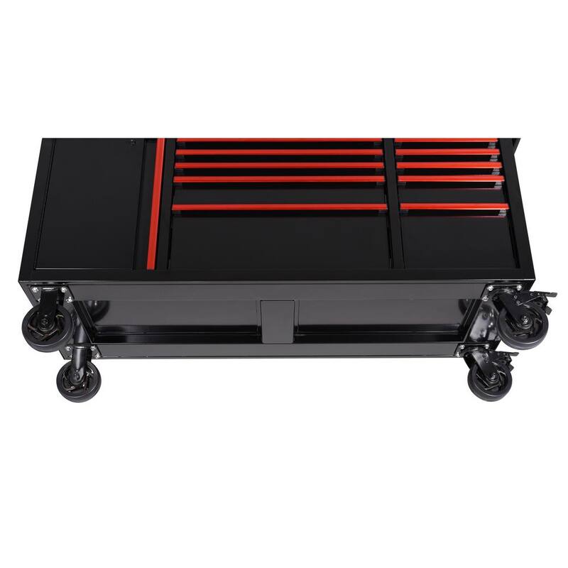 Edición limitada de Husky 61 pulg. de ancho x 23 pulg. de profundidad 11 cajones Gabinete de banco de trabajo móvil en negro con parte superior de madera sólida y ribete rojo - H61MWC11BKRED