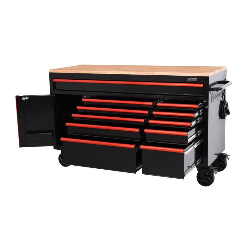 Edición limitada de Husky 61 pulg. de ancho x 23 pulg. de profundidad 11 cajones Gabinete de banco de trabajo móvil en negro con parte superior de madera sólida y ribete rojo - H61MWC11BKRED