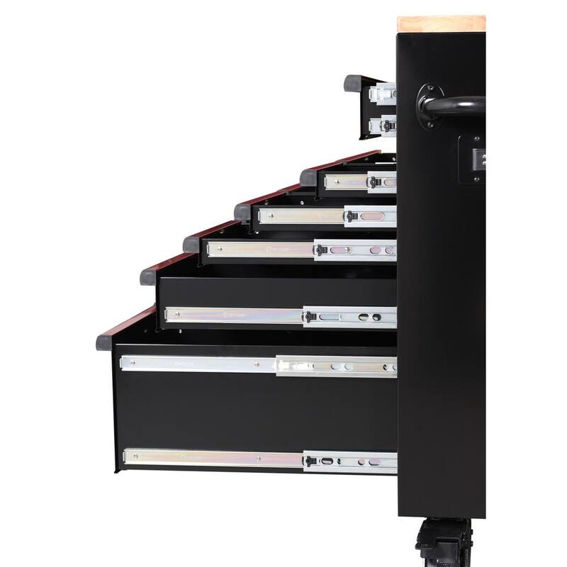 Edición limitada de Husky 61 pulg. de ancho x 23 pulg. de profundidad 11 cajones Gabinete de banco de trabajo móvil en negro con parte superior de madera sólida y ribete rojo - H61MWC11BKRED