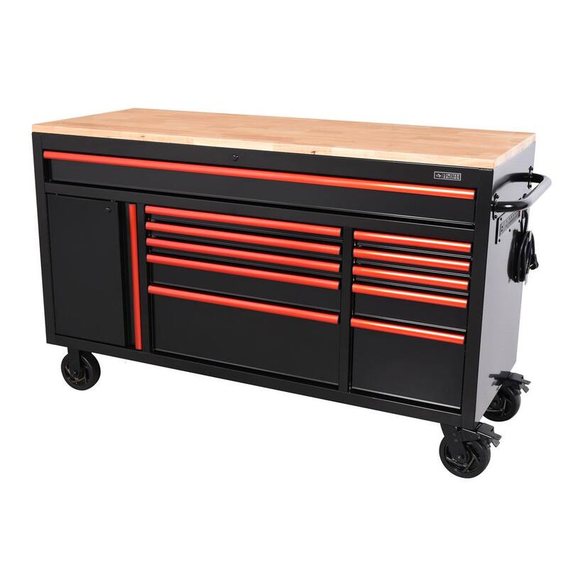 Edición limitada de Husky 61 pulg. de ancho x 23 pulg. de profundidad 11 cajones Gabinete de banco de trabajo móvil en negro con parte superior de madera sólida y ribete rojo - H61MWC11BKRED