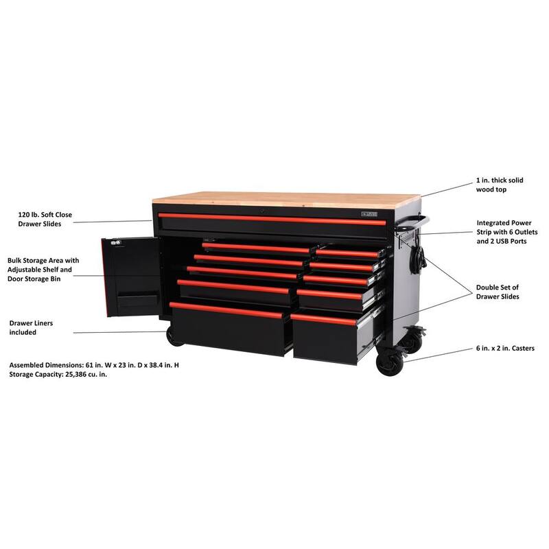 Edición limitada de Husky 61 pulg. de ancho x 23 pulg. de profundidad 11 cajones Gabinete de banco de trabajo móvil en negro con parte superior de madera sólida y ribete rojo - H61MWC11BKRED