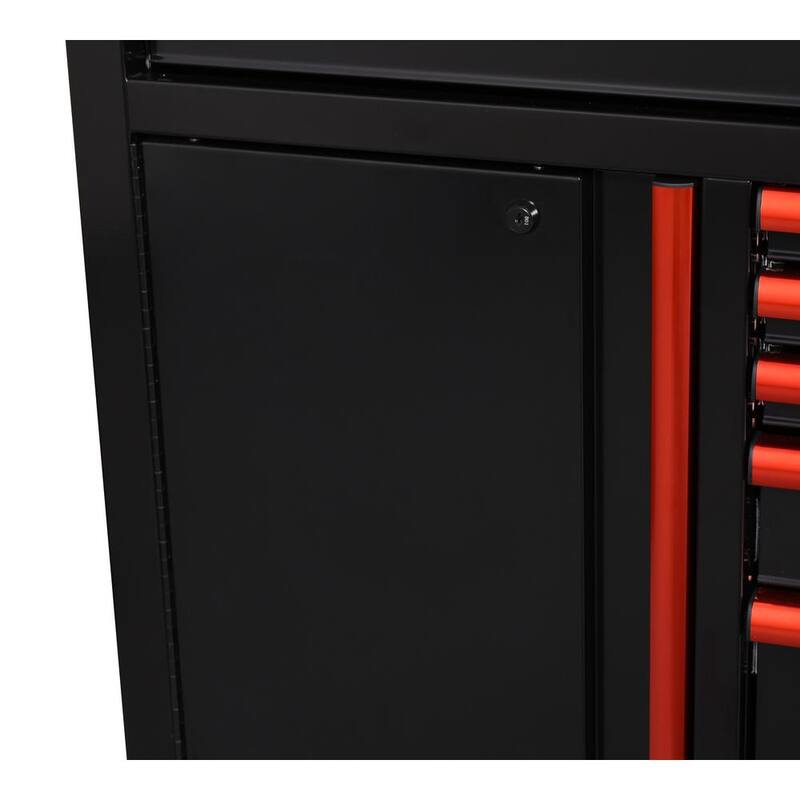 Edición limitada de Husky 61 pulg. de ancho x 23 pulg. de profundidad 11 cajones Gabinete de banco de trabajo móvil en negro con parte superior de madera sólida y ribete rojo - H61MWC11BKRED