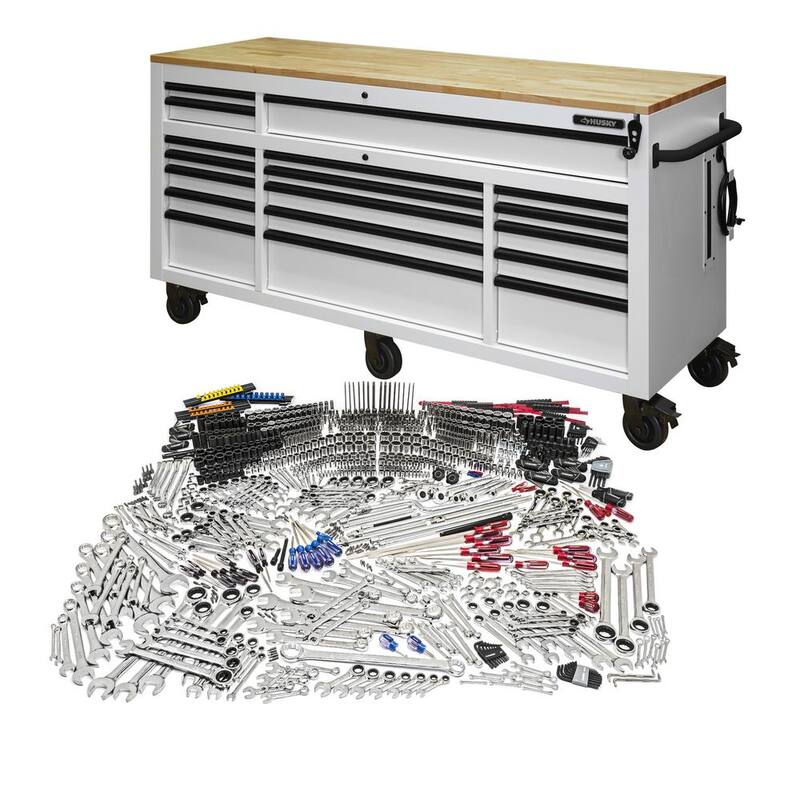 Banco de trabajo móvil de 72 pulgadas de ancho x 24 pulgadas de profundidad con 18 cajones pesados y set de herramientas para mecánicos en blanco mate - H1025TB72WHTCB