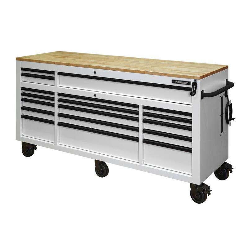 Banco de trabajo móvil de 72 pulgadas de ancho x 24 pulgadas de profundidad con 18 cajones pesados y set de herramientas para mecánicos en blanco mate - H1025TB72WHTCB