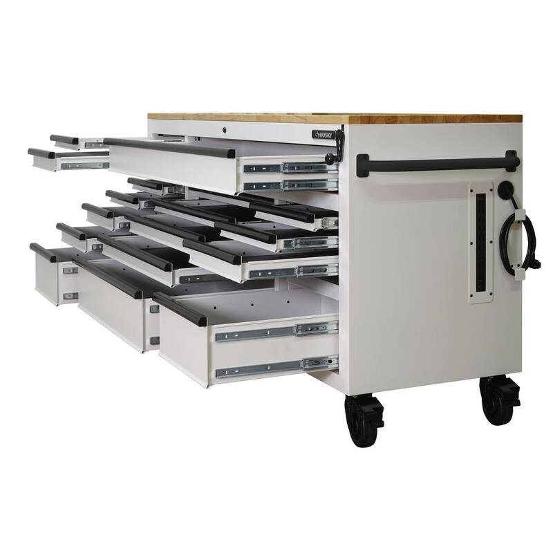 Banco de trabajo móvil de 72 pulgadas de ancho x 24 pulgadas de profundidad con 18 cajones pesados y set de herramientas para mecánicos en blanco mate - H1025TB72WHTCB