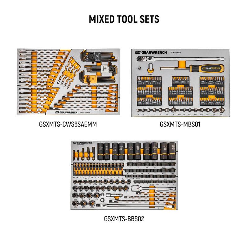 El titulo traducido sería: GEARWRENCH MEGAMOD 52 pulgadas de ancho x 18 pulgadas de profundidad 11 cajones Gabinete banco de trabajo móvil con juego de herramientas para mecánicos profesionales en bandejas de espuma - MEGAMOD1024