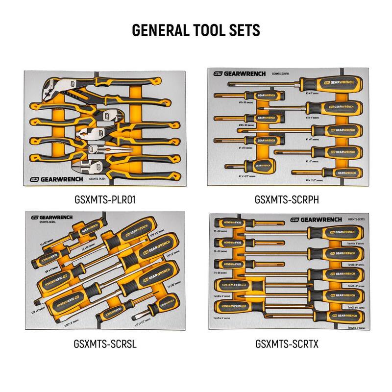 El titulo traducido sería: GEARWRENCH MEGAMOD 52 pulgadas de ancho x 18 pulgadas de profundidad 11 cajones Gabinete banco de trabajo móvil con juego de herramientas para mecánicos profesionales en bandejas de espuma - MEGAMOD1024