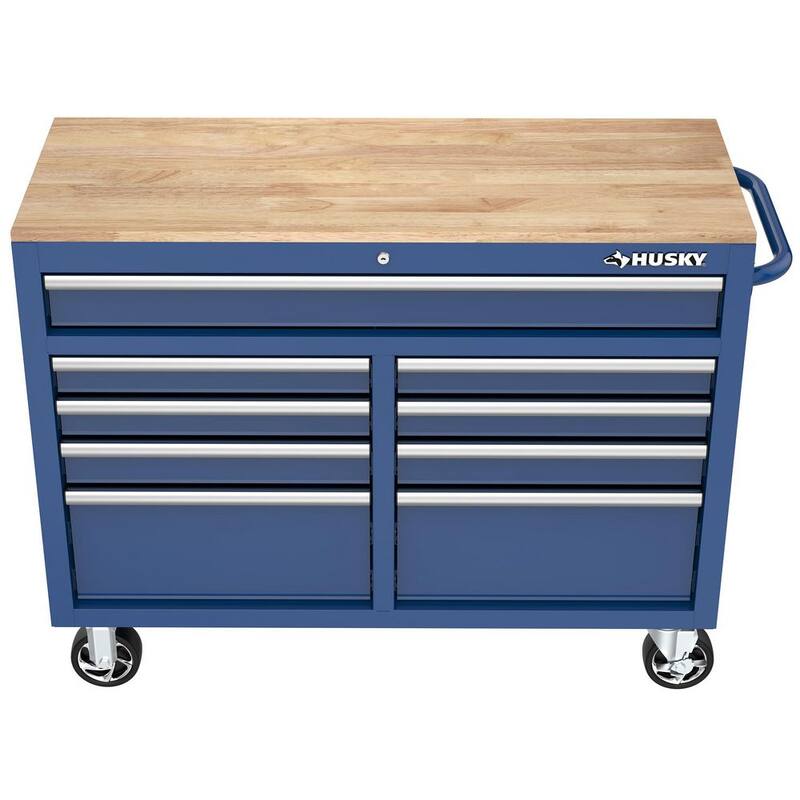 Gabinete de trabajo móvil Husky de almacenamiento de herramientas de 46 pulgadas de ancho por 18 pulgadas de profundidad en color azul brillante - H46X18MWC9BLU.