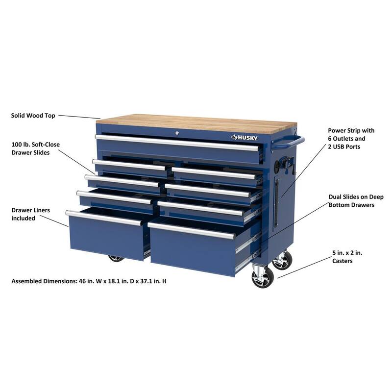 Gabinete de trabajo móvil Husky de almacenamiento de herramientas de 46 pulgadas de ancho por 18 pulgadas de profundidad en color azul brillante - H46X18MWC9BLU.