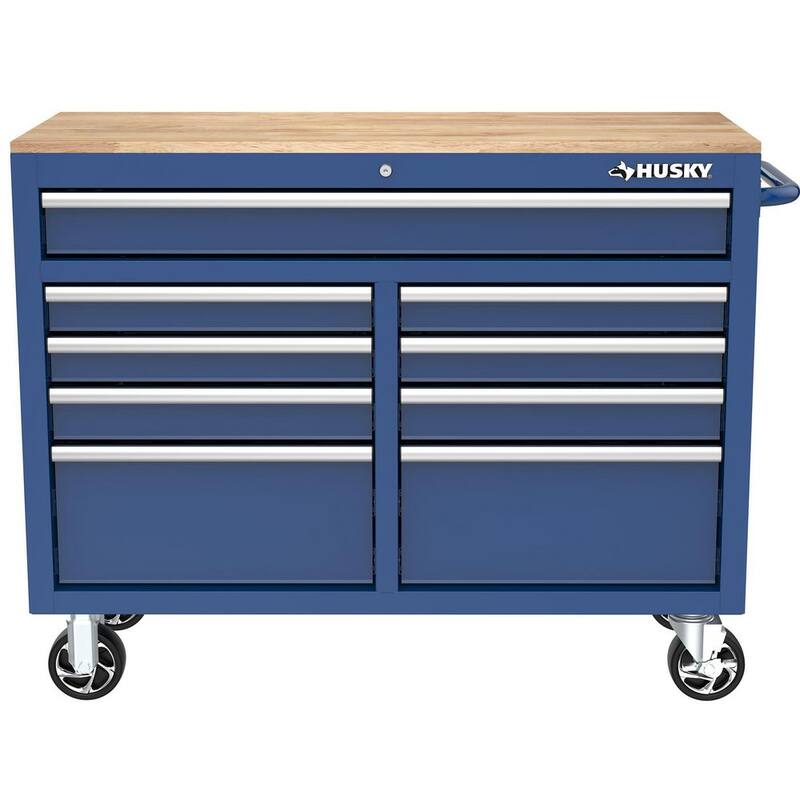 Gabinete de trabajo móvil Husky de almacenamiento de herramientas de 46 pulgadas de ancho por 18 pulgadas de profundidad en color azul brillante - H46X18MWC9BLU.