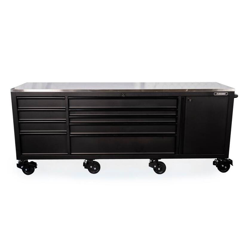 Banco de trabajo móvil resistente de 9 cajones con cubierta de acero inoxidable en negro mate de 96 pulgadas de ancho x 24 pulgadas de profundidad - HOTC9609BB1M