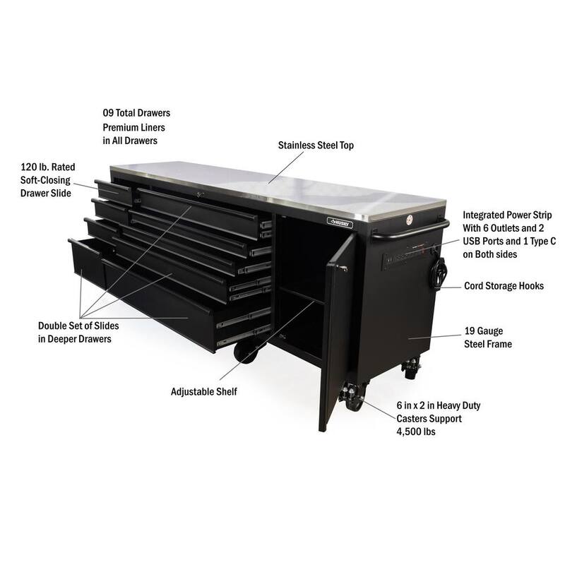 Banco de trabajo móvil resistente de 9 cajones con cubierta de acero inoxidable en negro mate de 96 pulgadas de ancho x 24 pulgadas de profundidad - HOTC9609BB1M