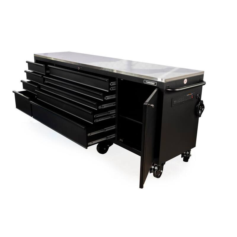 Banco de trabajo móvil resistente de 9 cajones con cubierta de acero inoxidable en negro mate de 96 pulgadas de ancho x 24 pulgadas de profundidad - HOTC9609BB1M