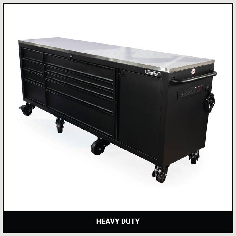 Banco de trabajo móvil resistente de 9 cajones con cubierta de acero inoxidable en negro mate de 96 pulgadas de ancho x 24 pulgadas de profundidad - HOTC9609BB1M