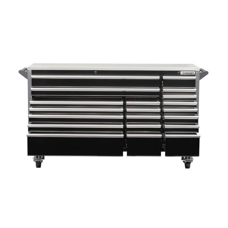 Almacenamiento de herramientas Husky 72 pulgadas de ancho x 25 pulgadas de profundidad Gabinete de banco de trabajo móvil negro de servicio profesional con parte superior de acero inoxidable - HPRO72MWC20BLK