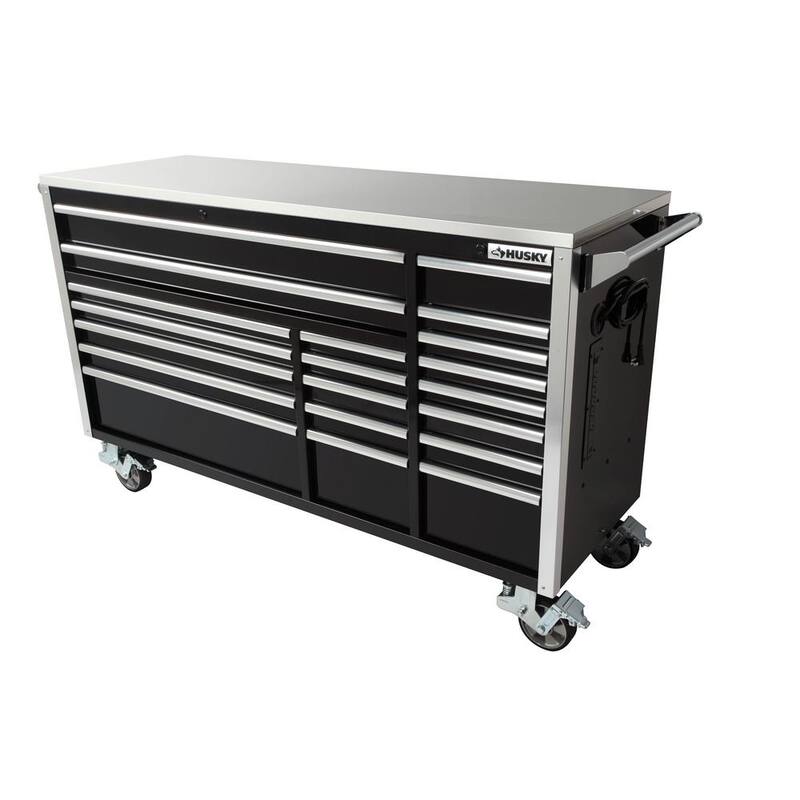 Almacenamiento de herramientas Husky 72 pulgadas de ancho x 25 pulgadas de profundidad Gabinete de banco de trabajo móvil negro de servicio profesional con parte superior de acero inoxidable - HPRO72MWC20BLK