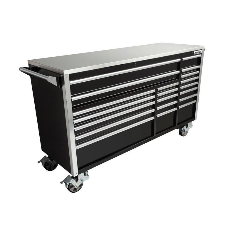 Almacenamiento de herramientas Husky 72 pulgadas de ancho x 25 pulgadas de profundidad Gabinete de banco de trabajo móvil negro de servicio profesional con parte superior de acero inoxidable - HPRO72MWC20BLK