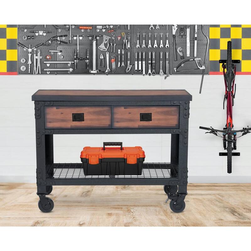 Productos para la construcción Duramax de 48 pulgadas de ancho por 24 pulgadas de profundidad, con 2 cajones, carrito móvil de trabajo industrial con cubierta de madera - 68002