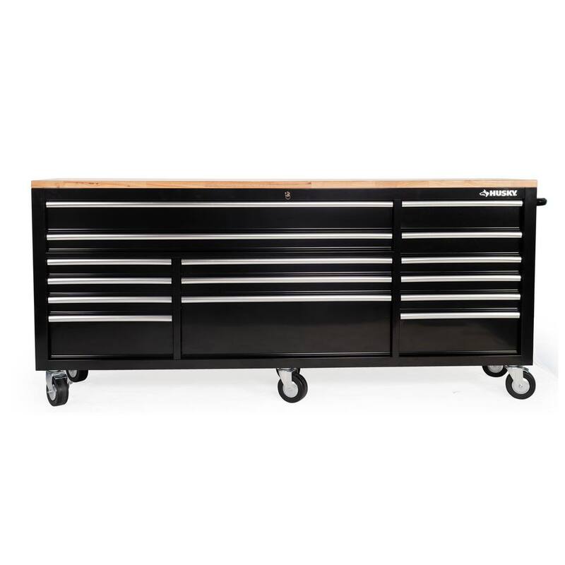 Banco de trabajo móvil con 15 cajones y superficie de madera en color negro brillante de 84 pulgadas de ancho, 18 pulgadas de profundidad - HOTC8415B11M