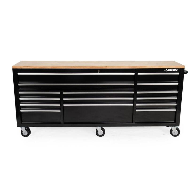 Banco de trabajo móvil con 15 cajones y superficie de madera en color negro brillante de 84 pulgadas de ancho, 18 pulgadas de profundidad - HOTC8415B11M
