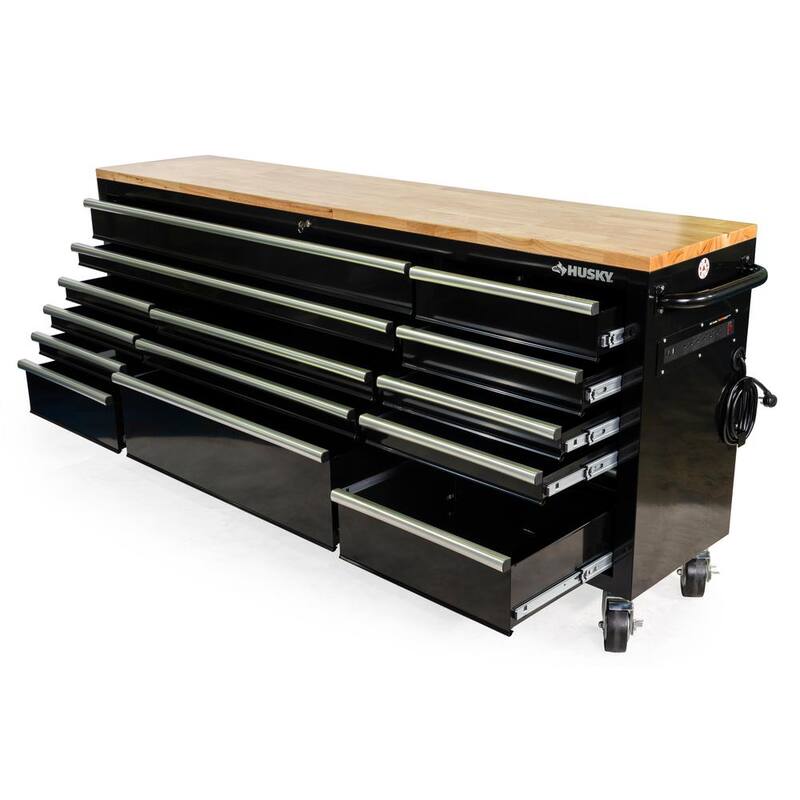 Banco de trabajo móvil con 15 cajones y superficie de madera en color negro brillante de 84 pulgadas de ancho, 18 pulgadas de profundidad - HOTC8415B11M