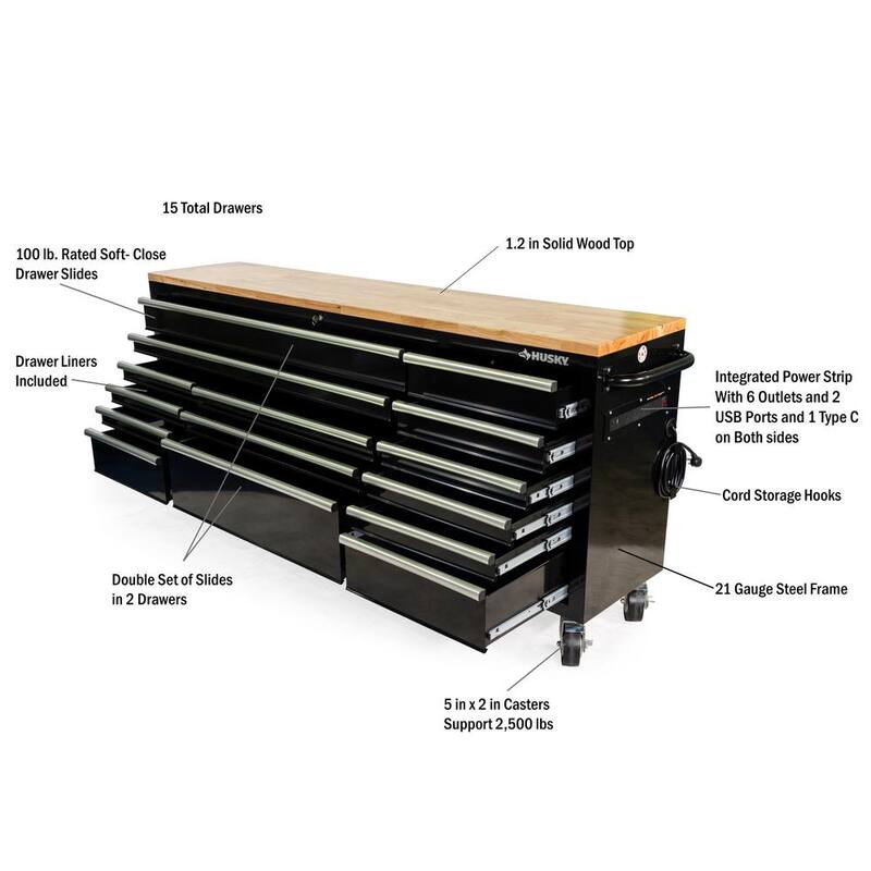 Banco de trabajo móvil con 15 cajones y superficie de madera en color negro brillante de 84 pulgadas de ancho, 18 pulgadas de profundidad - HOTC8415B11M