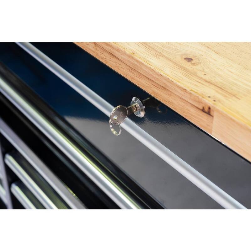 Banco de trabajo móvil con 15 cajones y superficie de madera en color negro brillante de 84 pulgadas de ancho, 18 pulgadas de profundidad - HOTC8415B11M