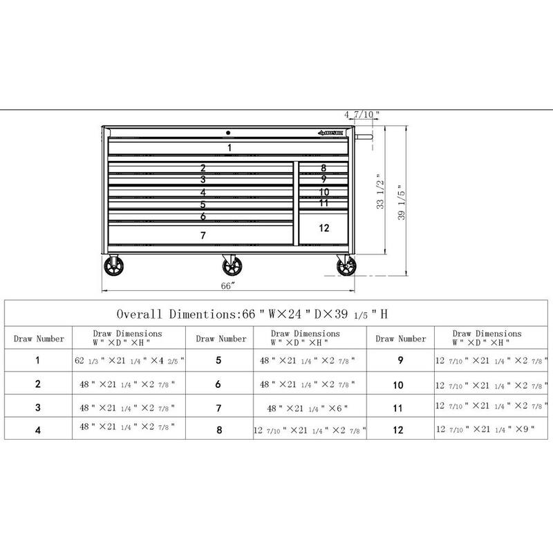 Banco de trabajo móvil con 12 cajones y parte superior de madera sólida en negro brillante de Husky 66 pulg. de ancho x 24 pulg. de profundidad - 76812A24