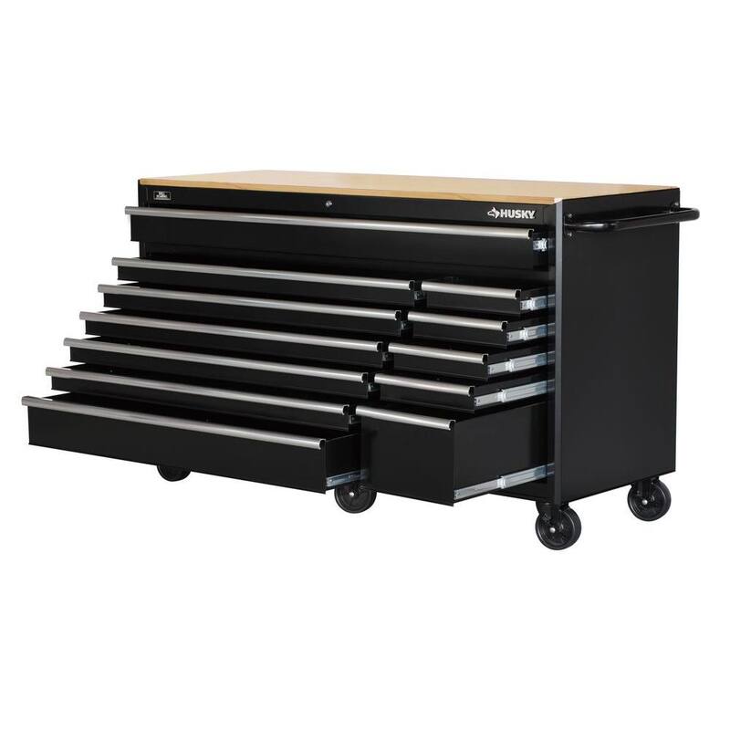 Banco de trabajo móvil con 12 cajones y parte superior de madera sólida en negro brillante de Husky 66 pulg. de ancho x 24 pulg. de profundidad - 76812A24