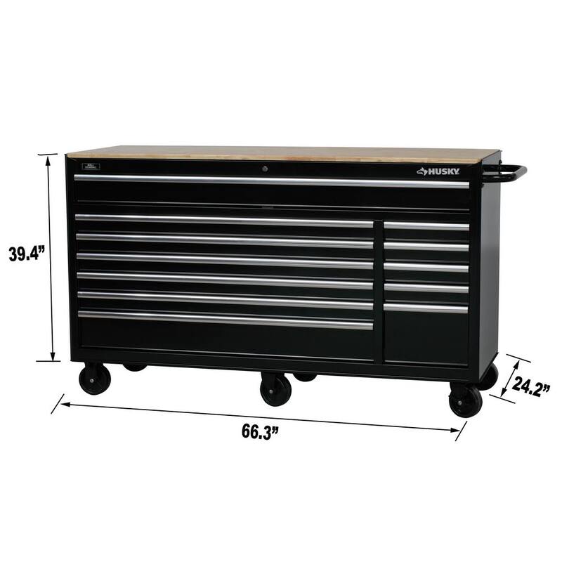 Banco de trabajo móvil con 12 cajones y parte superior de madera sólida en negro brillante de Husky 66 pulg. de ancho x 24 pulg. de profundidad - 76812A24