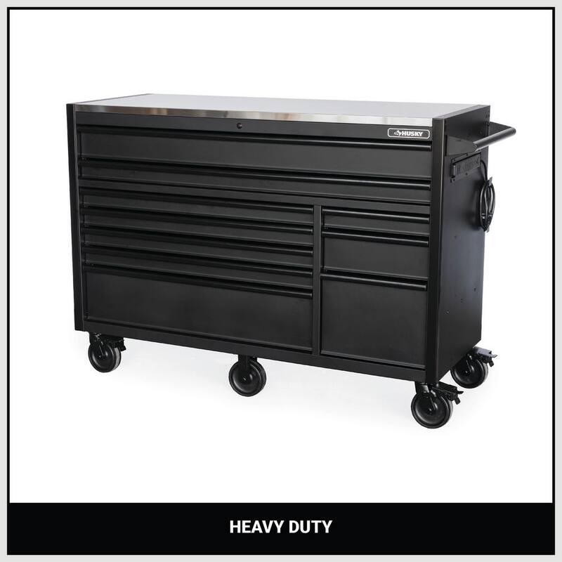 Gabinete de banco de trabajo móvil negro mate resistente de acero inoxidable con almacenamiento de herramientas modular Husky de 62 pulg. de ancho x 24 pulg. de profundidad - HOTC6210BB1D