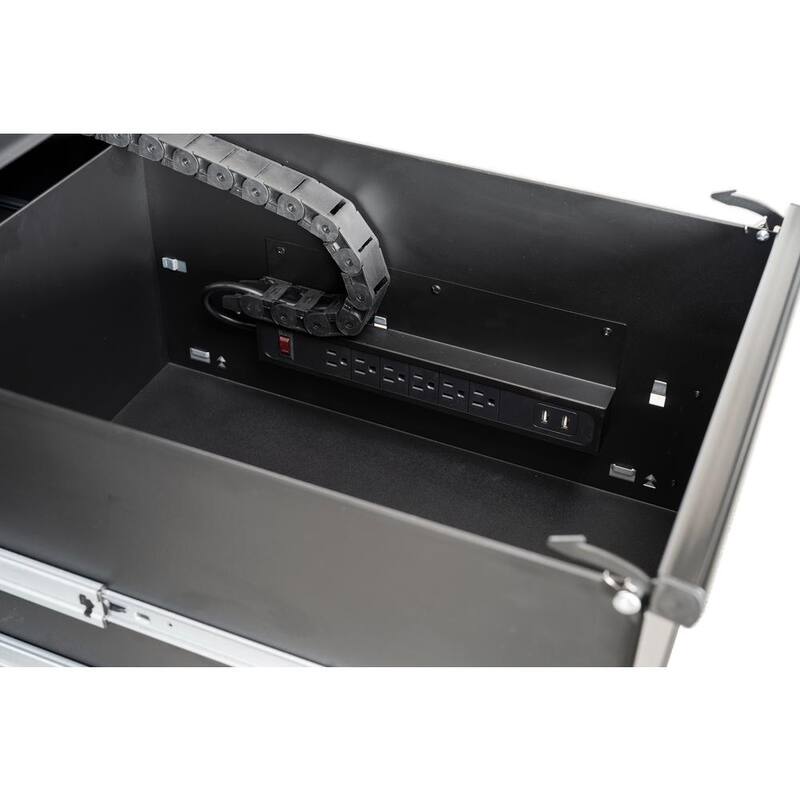 Gabinete de banco de trabajo móvil negro mate resistente de acero inoxidable con almacenamiento de herramientas modular Husky de 62 pulg. de ancho x 24 pulg. de profundidad - HOTC6210BB1D