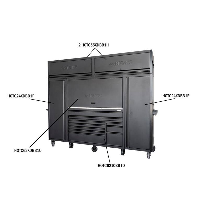 Gabinete de banco de trabajo móvil negro mate resistente de acero inoxidable con almacenamiento de herramientas modular Husky de 62 pulg. de ancho x 24 pulg. de profundidad - HOTC6210BB1D