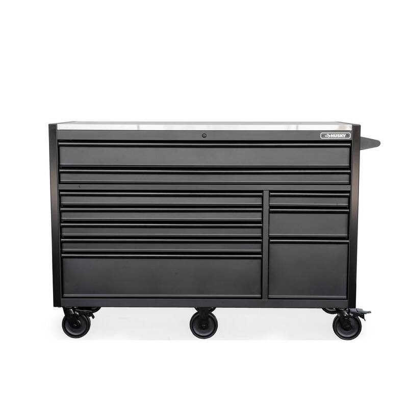 Gabinete de banco de trabajo móvil negro mate resistente de acero inoxidable con almacenamiento de herramientas modular Husky de 62 pulg. de ancho x 24 pulg. de profundidad - HOTC6210BB1D