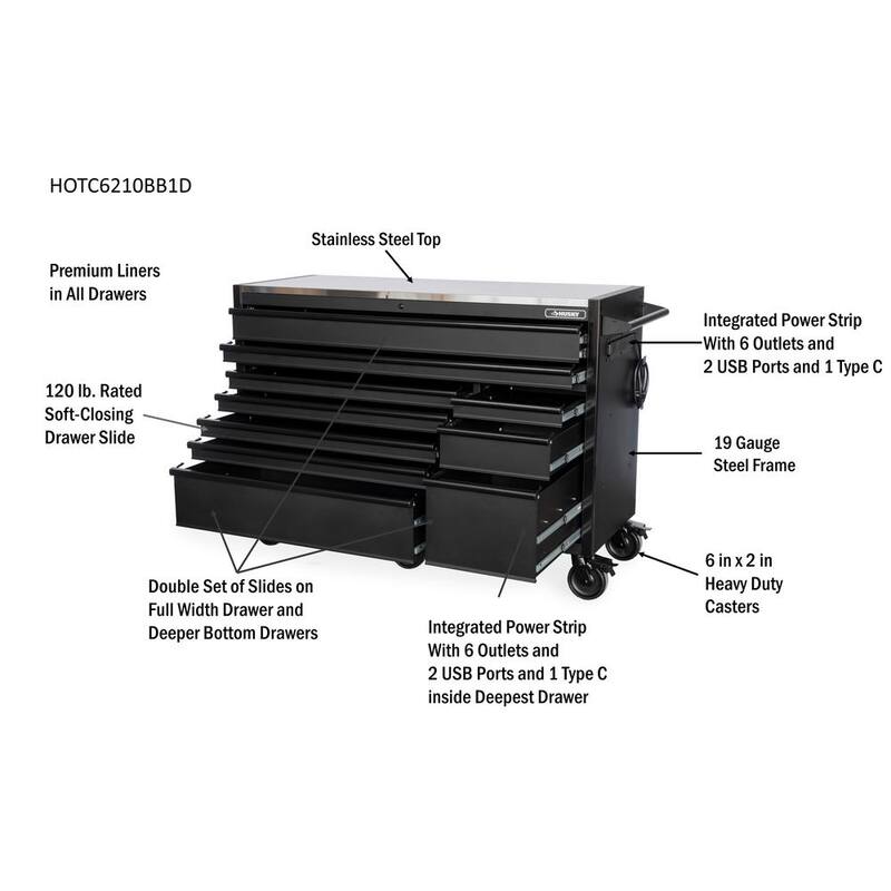 Gabinete de banco de trabajo móvil negro mate resistente de acero inoxidable con almacenamiento de herramientas modular Husky de 62 pulg. de ancho x 24 pulg. de profundidad - HOTC6210BB1D