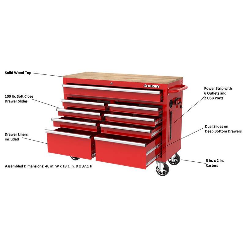 Almacenamiento de herramientas Husky 46 pulgadas de ancho x 18 pulgadas de profundidad Gabinete de banco de trabajo móvil color rojo brillante - H46X18MWC9RED.