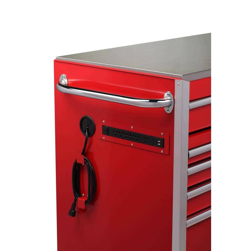 Banco de trabajo móvil con gabinete de 15 cajones pesado de 72 pulgadas de ancho por 24 pulgadas de profundidad con tapa de acero inoxidable en rojo brillante. - H72MWC15RDL