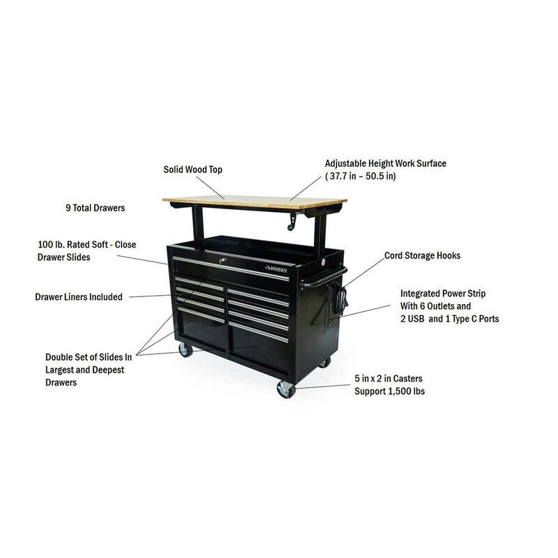 Banco de trabajo móvil Husky de 46 pulgadas x 25 pulgadas con 9 cajones y parte superior de madera ajustable en altura en color negro brillante - HOLC4609B11M