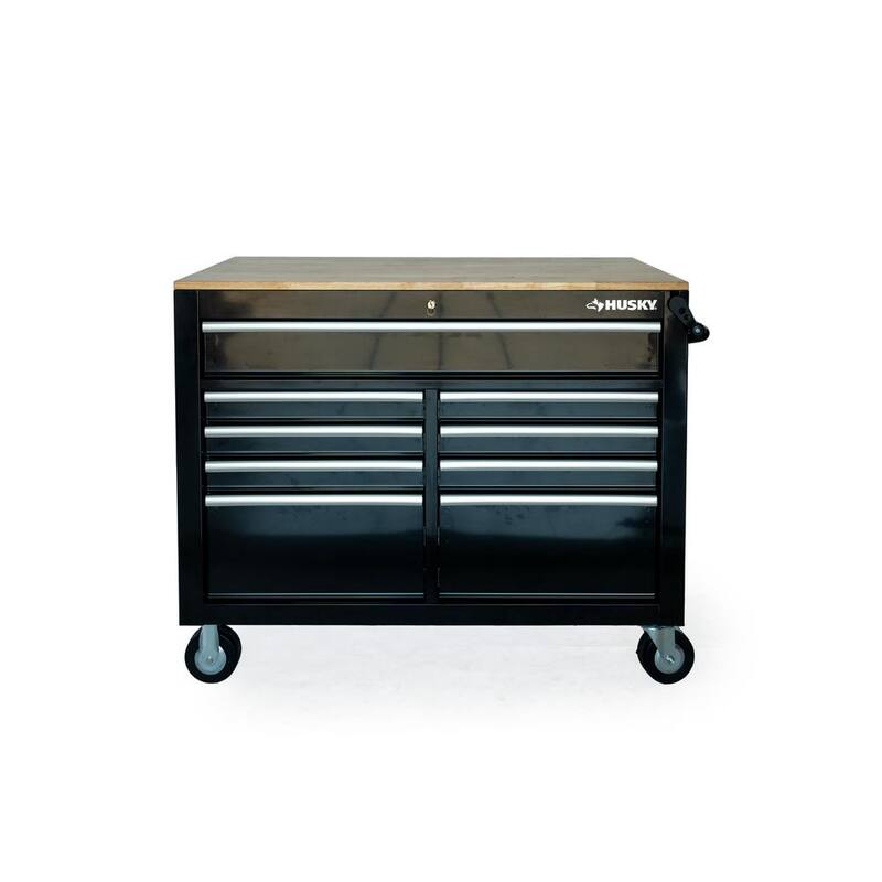 Banco de trabajo móvil Husky de 46 pulgadas x 25 pulgadas con 9 cajones y parte superior de madera ajustable en altura en color negro brillante - HOLC4609B11M